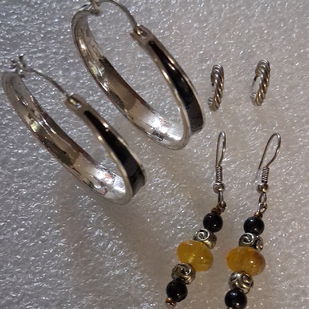 Elegant Silver and Black Hoop Earrings Set